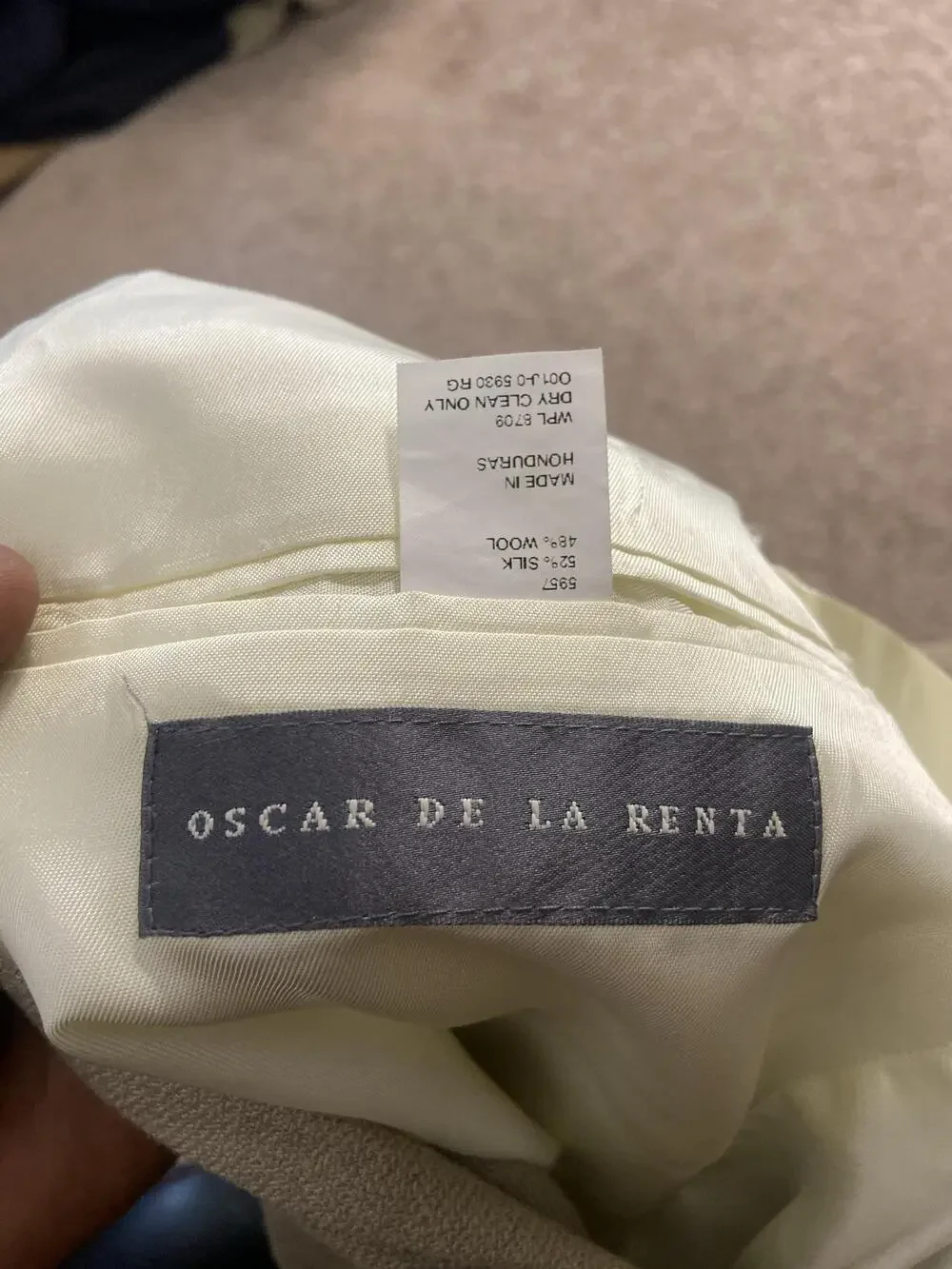 Oscar De La Renta Suit Jacket Mens 44 Long Beige Silk Wool Notch Lapel